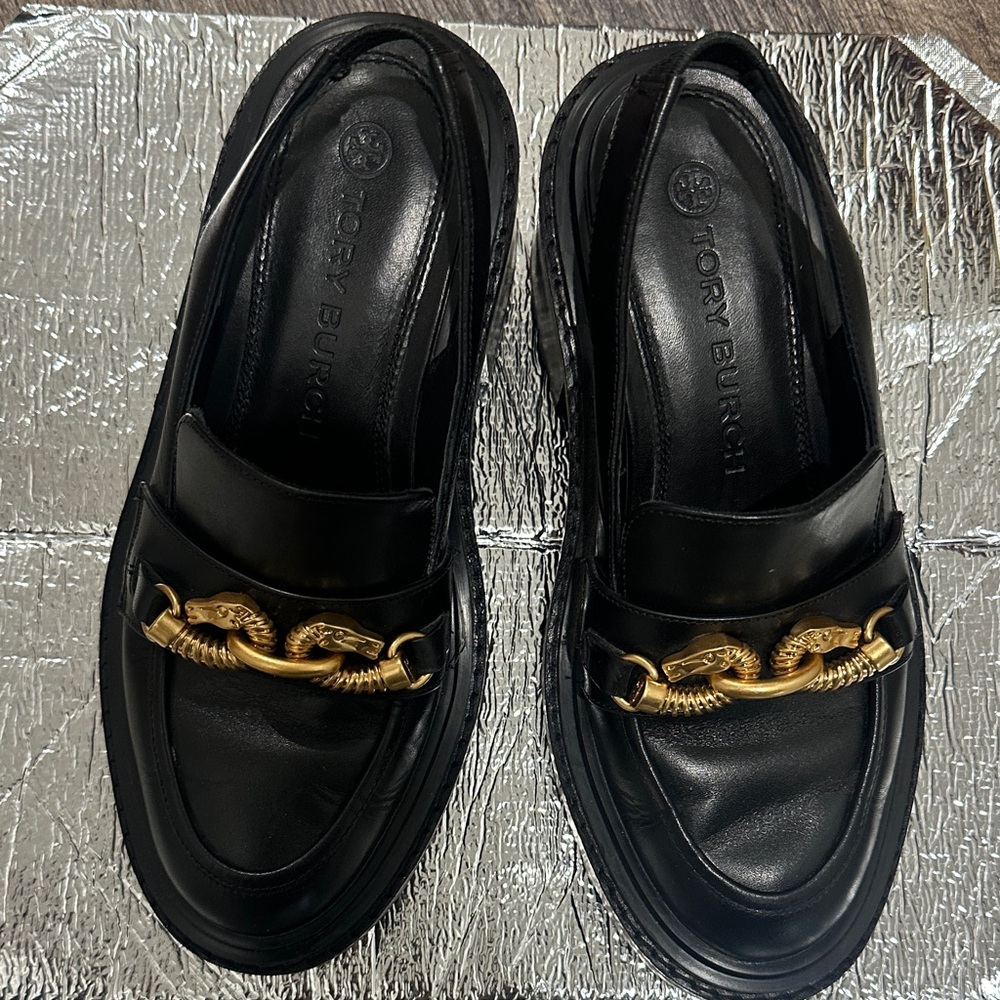 Tory Burch Black Leather Loafers with Gold Chain